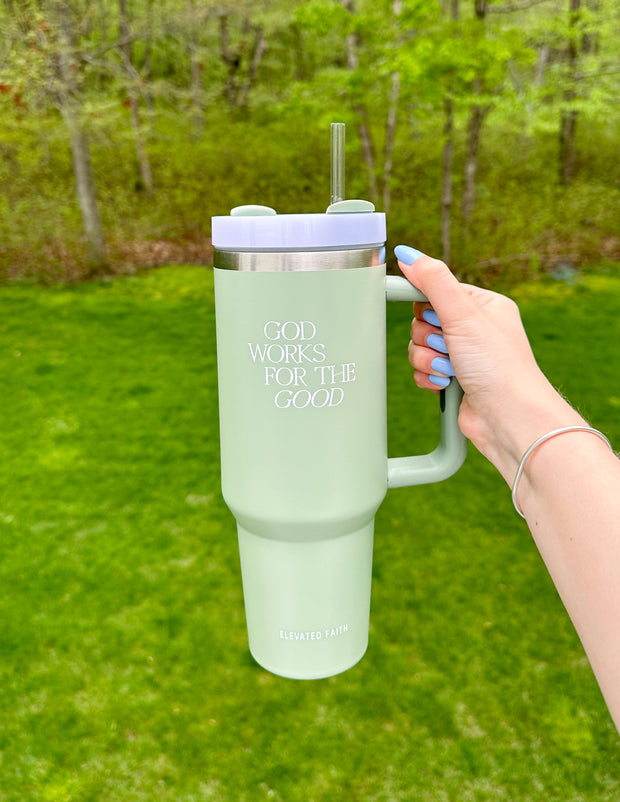 God Works for the Good 40 oz Tumbler Christian Water Bottle