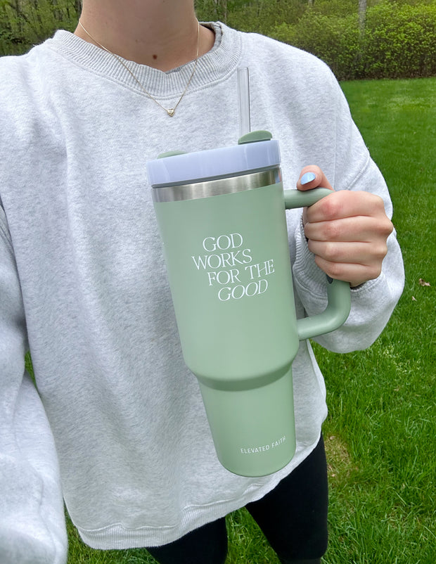 God Works for the Good 40 oz Tumbler Christian Water Bottle