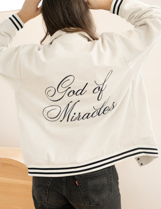 God of Miracles Ivory Bomber Jacket Christian Letterman