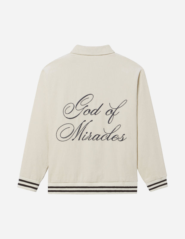 God of Miracles Ivory Bomber Jacket Christian Letterman