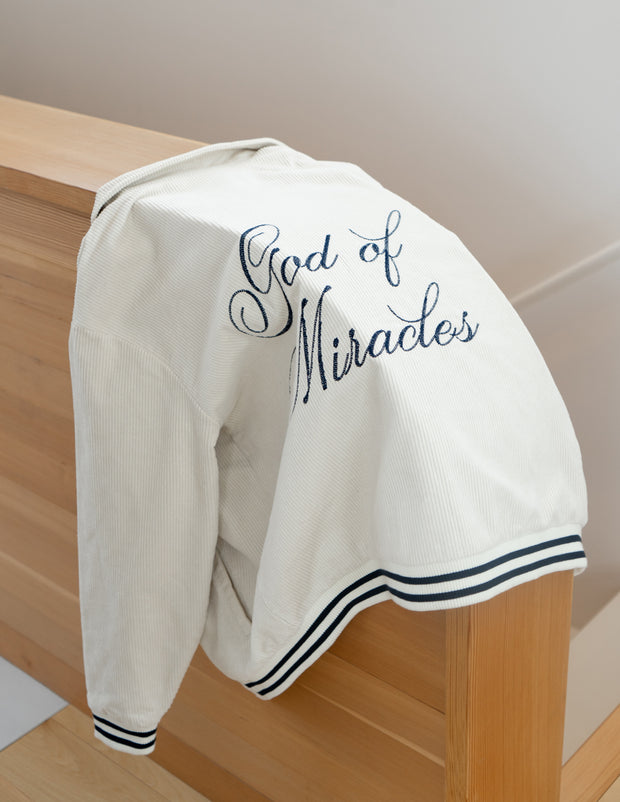 God of Miracles Ivory Bomber Jacket Christian Letterman