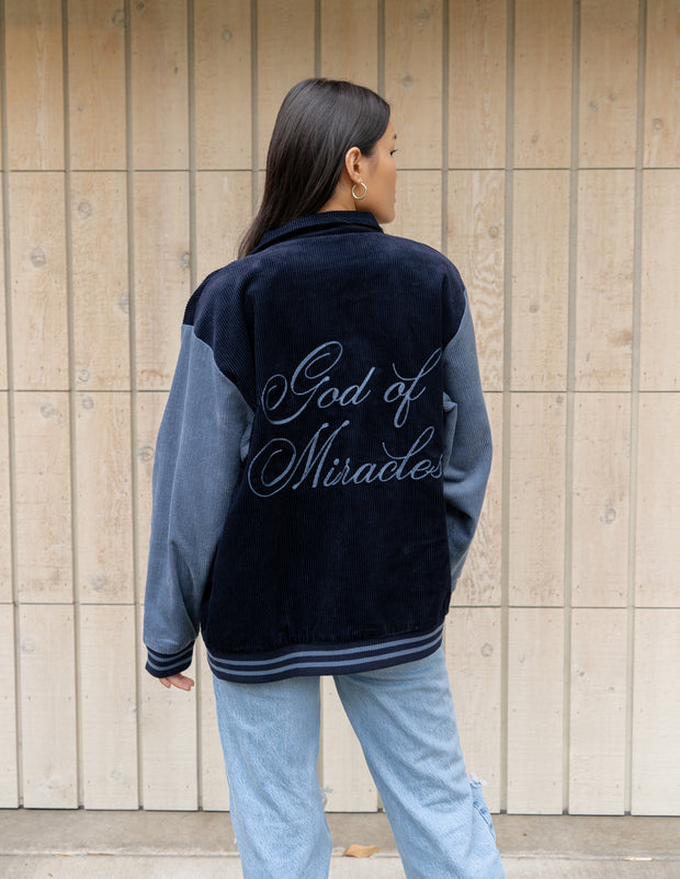 God of Miracles Navy Bomber Jacket Christian Letterman