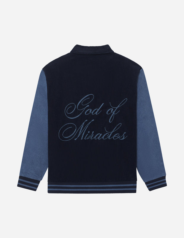 God of Miracles Navy Bomber Jacket Christian Letterman