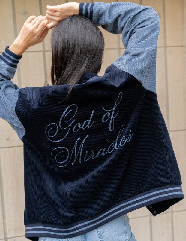 God of Miracles Navy Bomber Jacket Christian Letterman