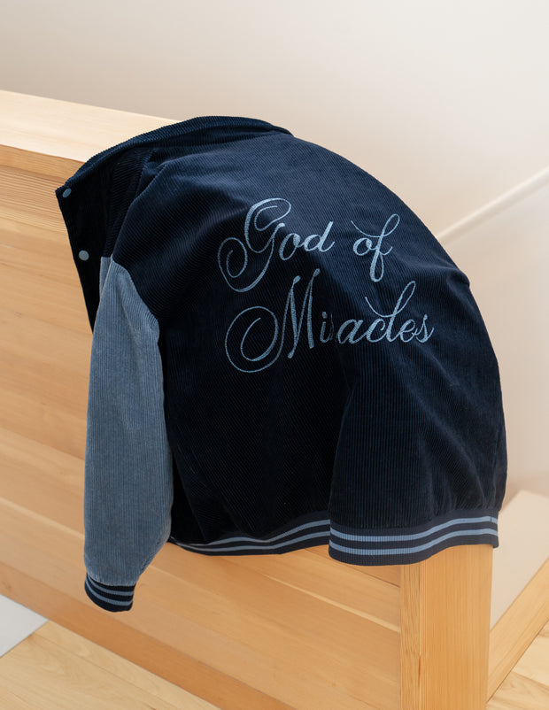 God of Miracles Navy Bomber Jacket Christian Letterman