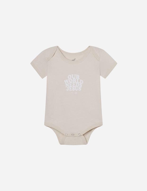 Our World Needs Jesus Beige Onesie Christian Baby Clothing