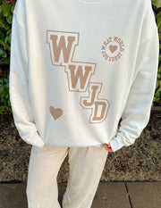 WWJD Varsity Unisex Crewneck Christian Sweatshirt