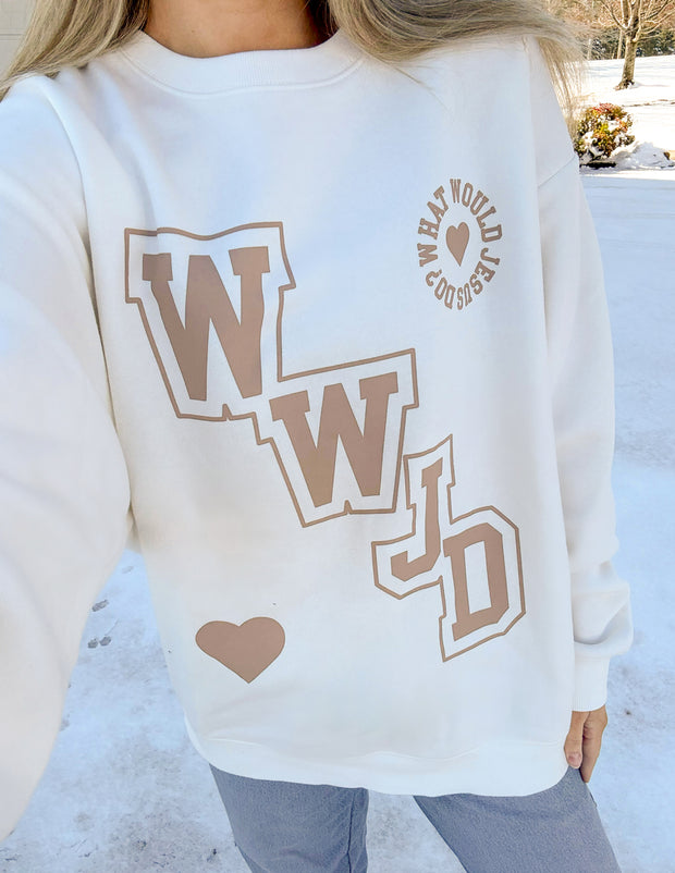 WWJD Varsity Unisex Crewneck Christian Sweatshirt