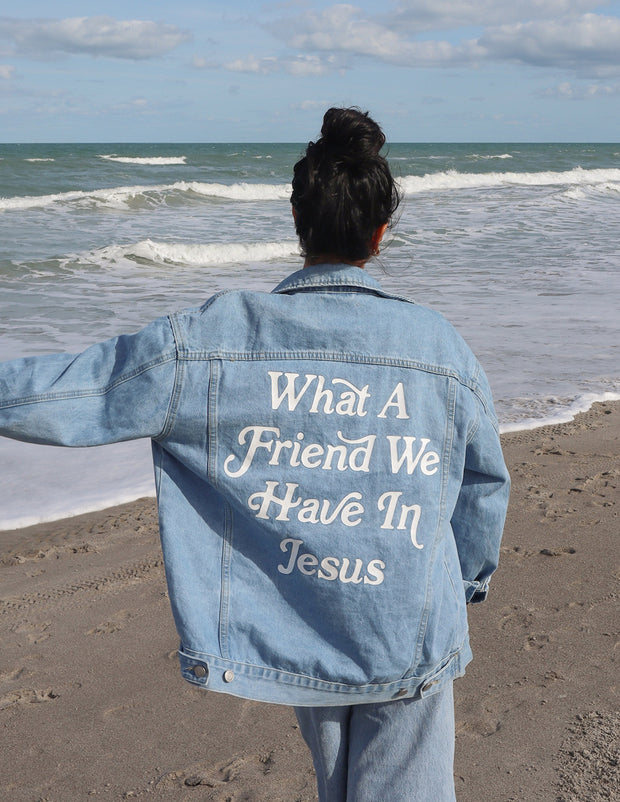 Elevated Faith What a Friend In Jesus Denim Jacket Christian Jacket