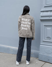 What a Friend in Jesus Grey Denim Jacket Christian Outerwear