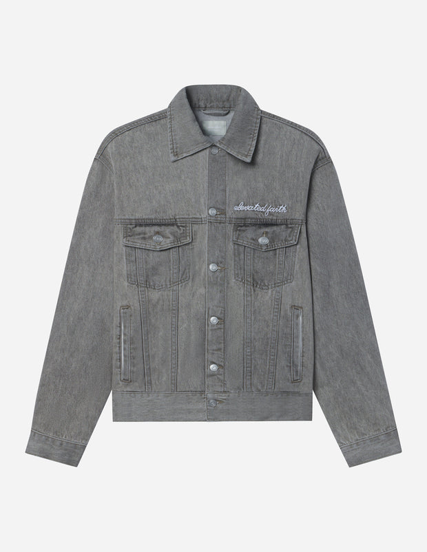 What a Friend in Jesus Grey Denim Jacket Christian Outerwear