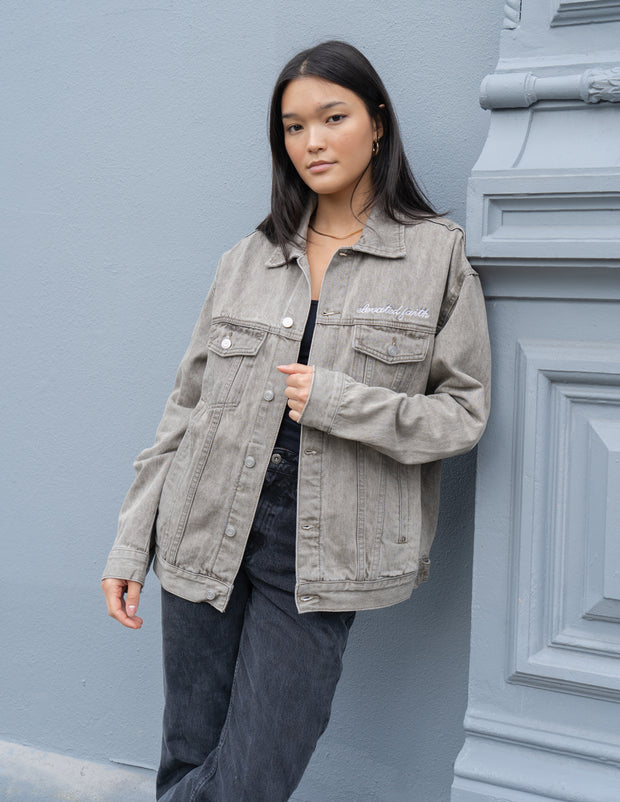 What a Friend in Jesus Grey Denim Jacket Christian Outerwear