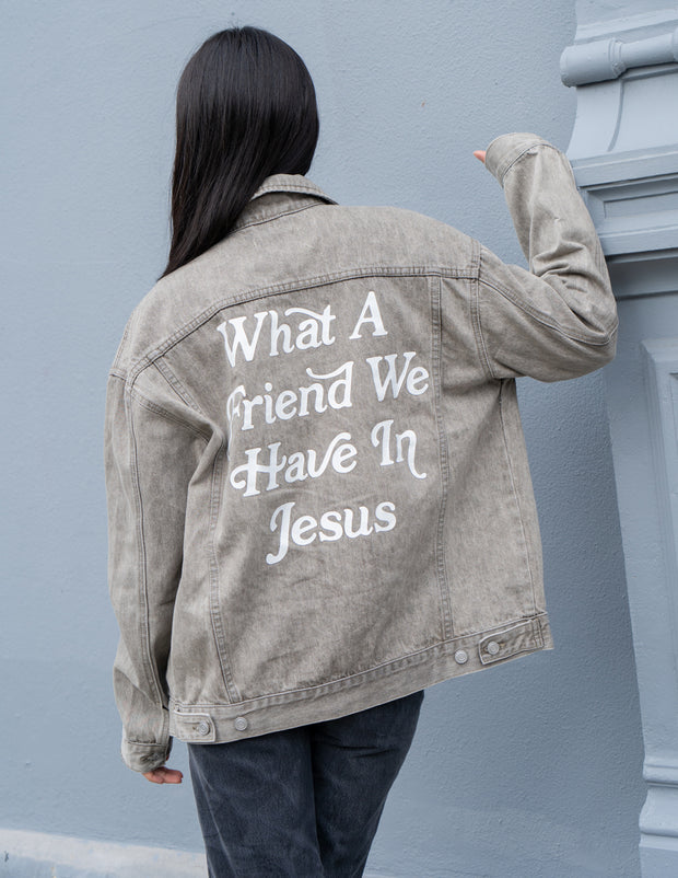 What a Friend in Jesus Grey Denim Jacket Christian Outerwear