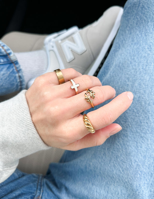 White Enamel Cross Christian Ring