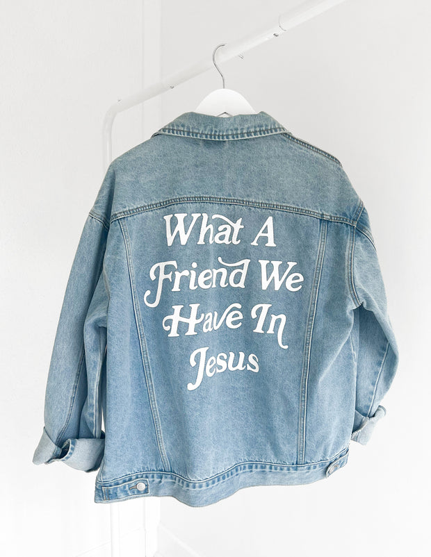 Elevated Faith What a Friend In Jesus Denim Jacket Christian Jacket