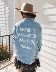 Elevated Faith What a Friend In Jesus Denim Jacket Christian Jacket