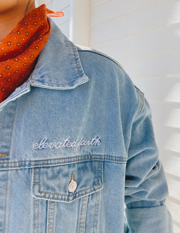 Elevated Faith What a Friend In Jesus Denim Jacket Christian Jacket